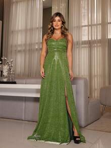 Long Green Glitter Slit Dress – Perfect For Parties, New Year's Eve And Graduations - 綠色 - 查看 2