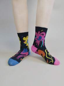 5 Pares Meias Florais de Padrão Colorido Aleatório até a Metade da Panturrilha para Mulheres, Meias Versáteis e Estilosas Adequadas para Uso Casual, Interno, Externo, Esportes
