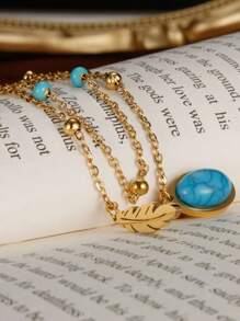 1 peça colar vintage turquesa oval com folha de aço inoxidável, camada dupla, acessório elegante e personalizado para mulheres