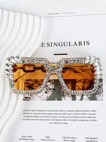 Y2K Style Large Frame Fashion Glasses With Rhinestone Decor, Suitable For Wedding, Party, Music Festival, Beach, Decoration & Photography Square Shape Shades