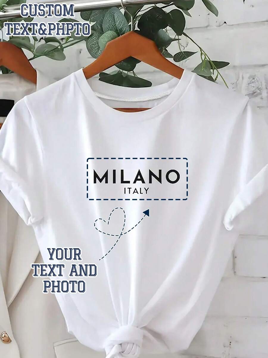 女士夏季T恤，休闲圆领短袖T恤，字母印花短袖T恤