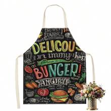 1 件 2D 平面印花汉堡涂鸦板亚麻围裙，适合家庭烹饪、厨房穿着和烹饪爱好者 - 彩色 - 查看 4