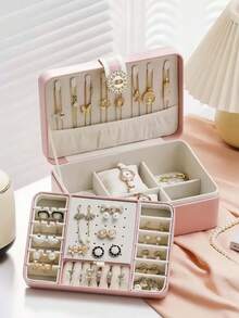 1pc Deluxe Double Layer Faux Leather Jewelry Box With Lock - Spacious Storage For Rings, Earrings, Necklaces, Bracelets And Watches - Perfect Gift Box For Women, Jewelry Organizer, Travel Essential, Dorm Decor, Autumn - Multicolor - View 16