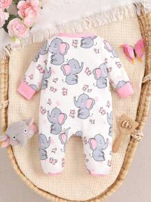 Baby Girls' Casual Cute Cartoon Elephant & Butterfly Print Footie Romper, Long Sleeve One-Piece Pajamas, Spring/Autumn