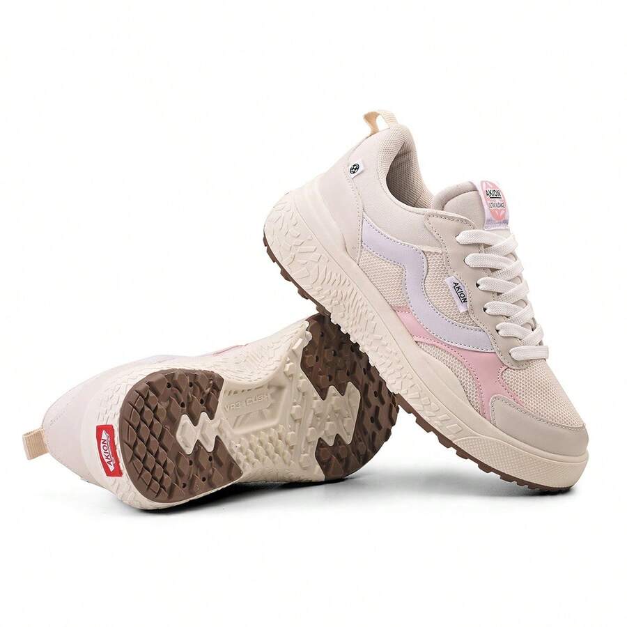 Akion Old School Casual Skater Sneakers Black With White Pattern For Gym Walking Running Training Outings - Màu be với màu hồng 2845 - Xem 1
