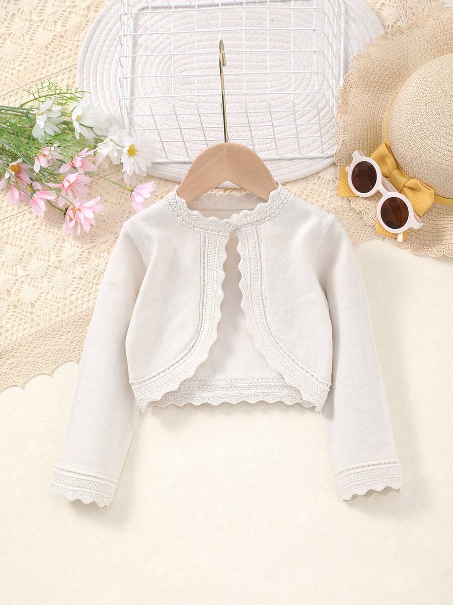 女婴优雅镂空蕾丝边针织开衫披肩，送给宝宝的完美礼物！ - 米色 - 查看 1