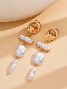 2pcs Asymmetrical Baroque Faux Pearl Clip-On Earrings, Exaggerated Tassel Dangle Earrings Without Piercing - White - View 11