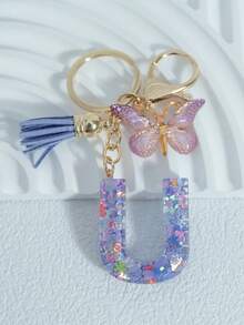 Sparkling Purple Mixed Snowflake Sequins, 26 Capital English Letters, Paired With Golden Patterned Butterflies And Purple Leather Tassels, 18kc Gold Lobster Buckle Flat Ring Chain Three Pieces Keychain Set, Suitable For Luggage Hanging Accessories, Car Hanging Accessories, Key Hanging Accessories, Mobile Phone Hanging Accessories, Clothing Hanging Accessories, As A Birthday Gift For Friends, Couples, And Mothers, Suitable For Both Men And Women - Purple - View 30