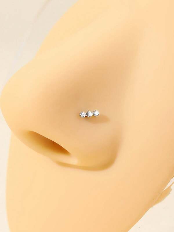 1pc Stainless Steel Triple Zirconia Vertical Nose Stud, Gold/Silver Color, Suitable For Daily Wear