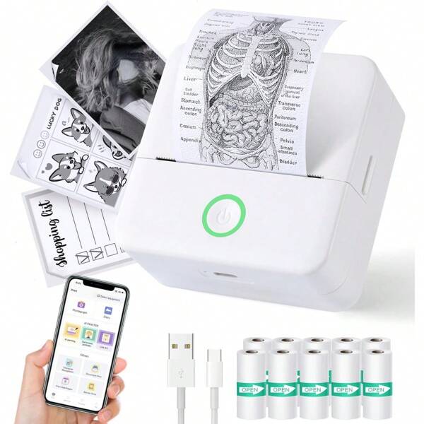 Mini impresora térmica con 10 rollos de papel autoadhesivo que imprime etiquetas de forma inalámbrica sin tinta. Es ideal para crear imágenes, notas y etiquetas personalizadas. Para álbumes de recortes, diarios, regalos de cumpleaños, Halloween, Nochebuena, carnaval, vuelta al colegio, regalo diario