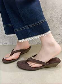 2025年夏季新款法式绒面坡跟一脚蹬凉鞋，百搭低跟拖鞋 - 棕色 - 查看 3