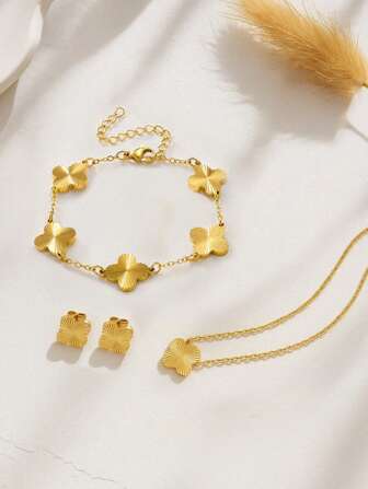 Conjunto de joyería de acero inoxidable pulido hecho a mano con trébol de cuatro hojas, que incluye collar, pulsera y pendientes para mujeres para uso diario como regalo