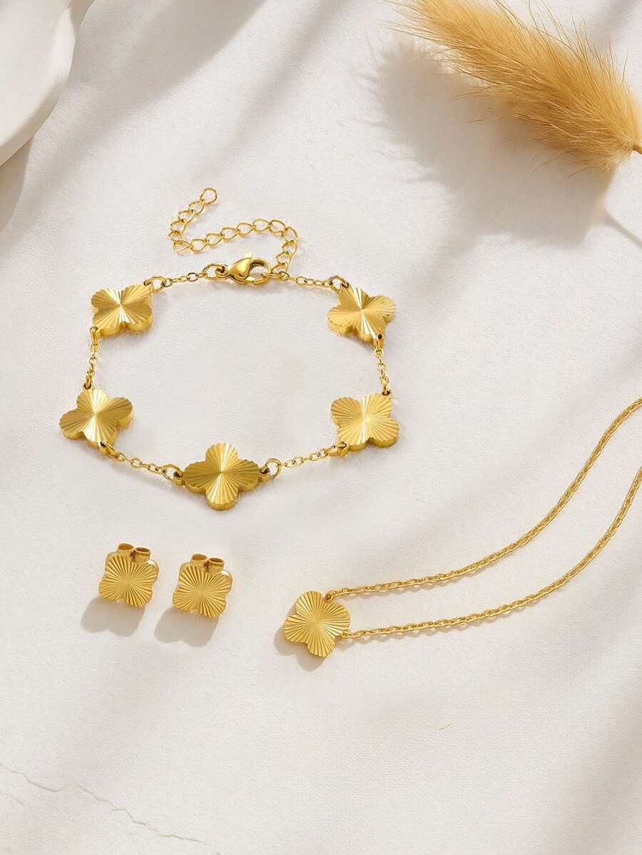 Handmade Polished Stainless Steel Four-Leaf Clover Jewelry Set, Necklace, Bracelet And Earrings For Women For Daily Wear For Gift