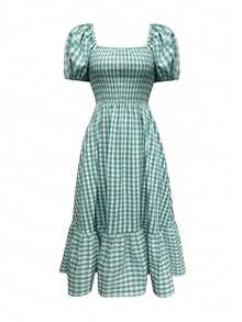 2026新款春夏初秋女式格子优雅波西米亚休闲连衣裙，水绿色，荷叶边褶皱下摆，适合户外约会、度假、情人节、新年等场合，也可作为格子裙、优雅派对连衣裙、音乐会连衣裙、方格连衣裙、绿色连衣裙、端庄女装、街头风女装、休闲夏装、秋季女装、返校季服装穿着。 - 淺綠色 - 查看 6