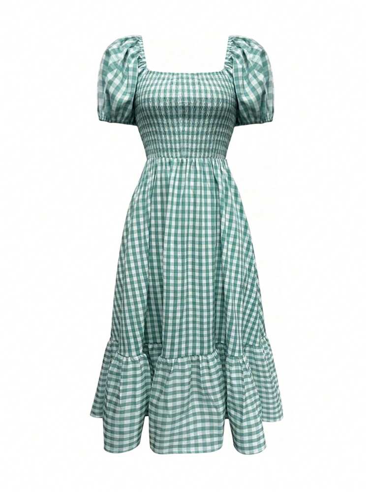 2026 Spring/Summer Women's Plaid Elegant Bohemian Casual Dress With Waist  Cinching, Puff Sleeves, Ruffle Hem, Washed Green, Suitable For Concerts,  Street, Commute, Office, Party, Birthday | SHEIN USA