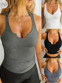 4 pièces Débardeurs femme mode côtelés - respirants, ajustés, sans rembourrage, débardeurs sports et yoga, col en coupe originale - vêtements polyvalents de couleur unie pour l'activité physique