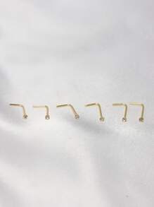 6pcs 925 Sterling Silver Nose Rings Studs L Shaped Nose Piercing 1.5mm Clear Crystal For Women Men 24G
