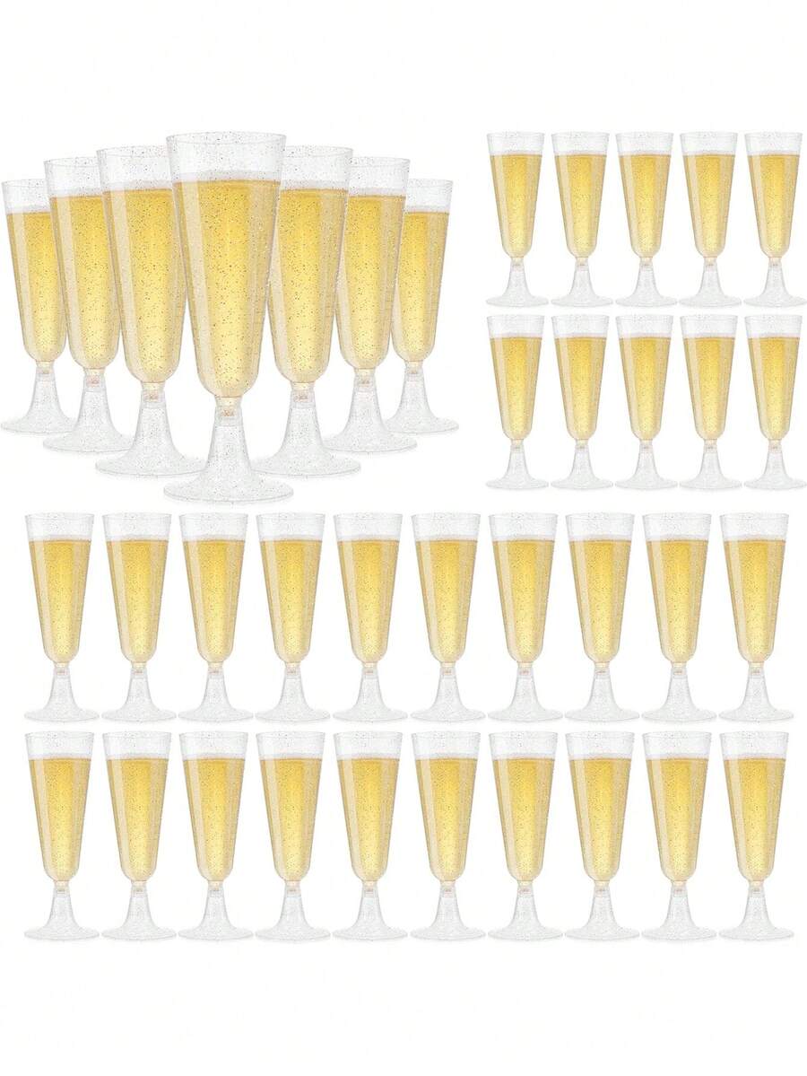 50 copas de champán transparentes, vasos de champán transparentes desechables, tazas de champán de plástico para fiestas, bodas,cumpleaños y fiestas, cócteles - Dorado - Ver 1