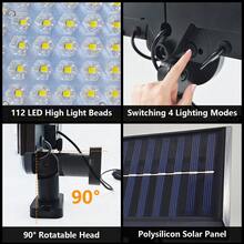 ضوء الفيضان الشمسي بريموت كنترول 112 ليد، بشكل مروحي بزاوية دوران 150 درجة، لوحة شمسية منفصلة، 3 أوضاع إضاءة، إضاءة شوارع بحساس حركة، إضاءة ثلاثية الجوانب، مناسب لإضاءة الحائط والمركبات والحديقة