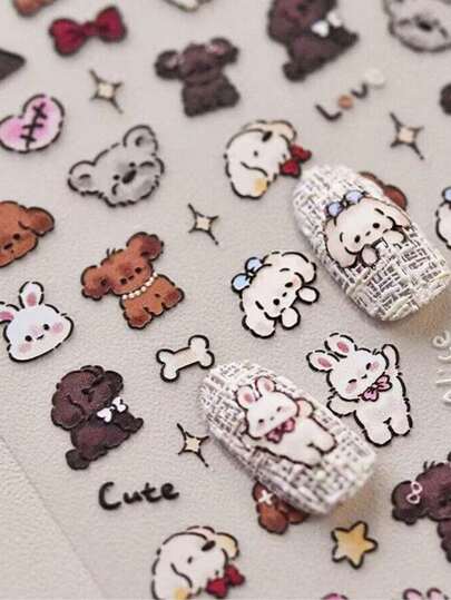 1pc Cute Cartoon Puppy & Rabbit Nail Art Stickers, Self-Adhesive Decals For Nails, Phone Case, Water Cup DIY Decoration Nail Supplies