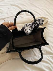 2025新款时尚热销手提包，便携购物袋，小众设计，奢华高品质，附赠海外蝴蝶结丝巾，大容量，适合日常休闲、通勤、上学、旅行、派对、宴会等场合（含丝巾） - 黑色 - 查看 6