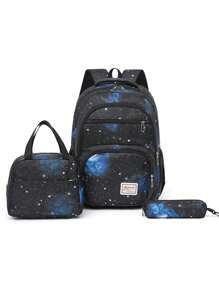 3 Pieces Set Of Dark Blue Starry Sky Print School Bag Backpack With Stationery Bag Lunch Bag, Large Capacity Waterproof Lightweight Backpack, Casual And Convenient Travel Backpack, Can Accommodate 15.6-Inch Laptop, Suitable For Elementary School Students, Junior High School Students, High School Students, College Students, Back To School Gifts For Grandchildren And Sons