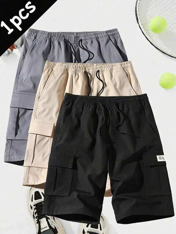 1 Stück Herren Cargo Shorts, Lässig, aus Polyesterstoff, mit Kordelzug an der Taille, verstellbare Schultergurte, mehrere Taschen, maschinenwaschbar, ideal für lässige Sommertätigkeiten, Sport, Lässig, strapazierfähiger Stoffshorts