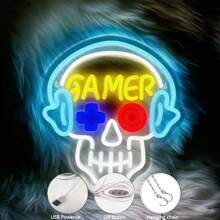GAMER Skull-Shaped LED Neon Sign - USB Powered, Perfect For Game Rooms, Bedrooms & Bars, Wall Decor Gift For Gamers Halloween Decor Light Home Decor Party Decor Halloween Decoration Room Decor Halloween Garden Decor For Gift Fairy