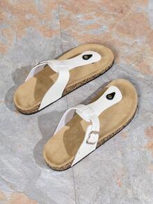 时尚扣平底软木拖鞋，男女度假风夏季沙滩人字拖，户外休闲凉鞋 - 白色 - 查看 4