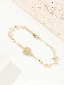 1 pieza Pulsera de cobre clásica hecha a mano con cuentas en forma de corazón de la Virgen María, adecuada para regalos a amigos y mejores amigas, adecuada para el uso diario y festivo de las mujeres - Amarillo Oro - Ver 4