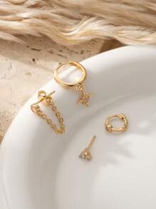 4 Stücke/Set zierliche Ohrringe mit kubischem Zirkonia in Gold, mit Stern-, Kleeblatt- und Kettendesign, Creolen/Ohrstecker für Frauen, perfekt für täglichen Chic und funkelnde Partys