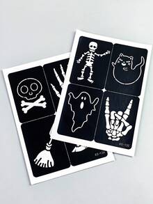 2 张万圣节纹身模板，骷髅头魔术帽类模板可重复使用的身体模板，闪光喷枪 DIY 纹身模板，适合女性女孩身体艺术自粘模板派对礼物 - 黑色 - 查看 6