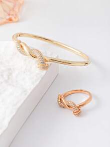 1 Conjunto Pulseira e Anel de Zircônia Torcida de Micro Incrustação, Conjunto de Joias de Luxo Feminino, Acessórios de Empilhamento Diário e de Festa