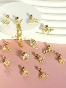 3 件装 16G 平背软骨耳环耳轮穿孔首饰女式不锈钢蛋白石 CZ 海螺耳屏穿孔首饰花蛇叶螺丝背耳钉套装 - silver stud earring - 查看 8