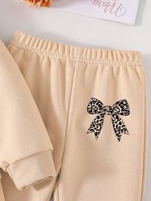 Tween Girl Leopard Print Bow Pattern Print Round Neck Sweatshirt And Flared Pants Set - Khaki - View 5