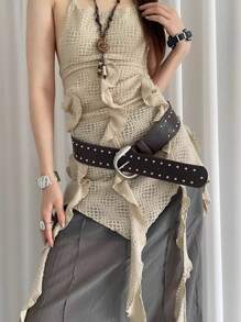 1pc Women's Coffee-Color Wide PU Leather Vintage Boho Rivet Belt