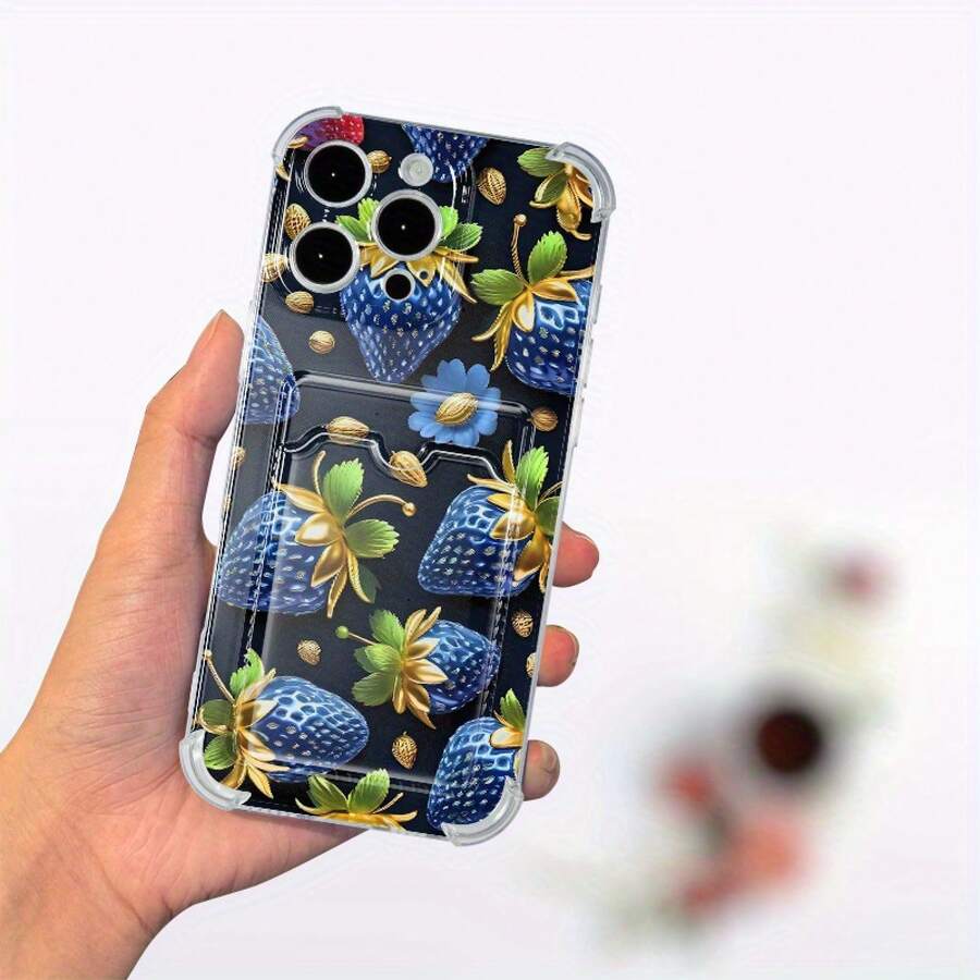 Funda para teléfono 1PC Funda para teléfono con diseño de patrón de fresa azul 2 Pro 11 14 Plus 16 15 13 Diseño de tarjetero portátil Impresión Teléfono resistente a caídas - Colores mixtos 1 - Ver 1