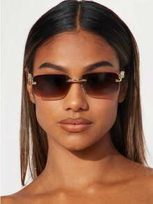 Retro Rectangular Frameless Sunglasses For Men And Women, Frameless Colored Lens Glasses - Brown - View 2