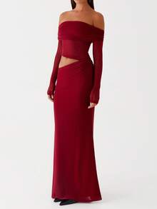 Women's Summer Hollow One Shoulder Sexy Long Dress - 酒紅色 - 查看 1