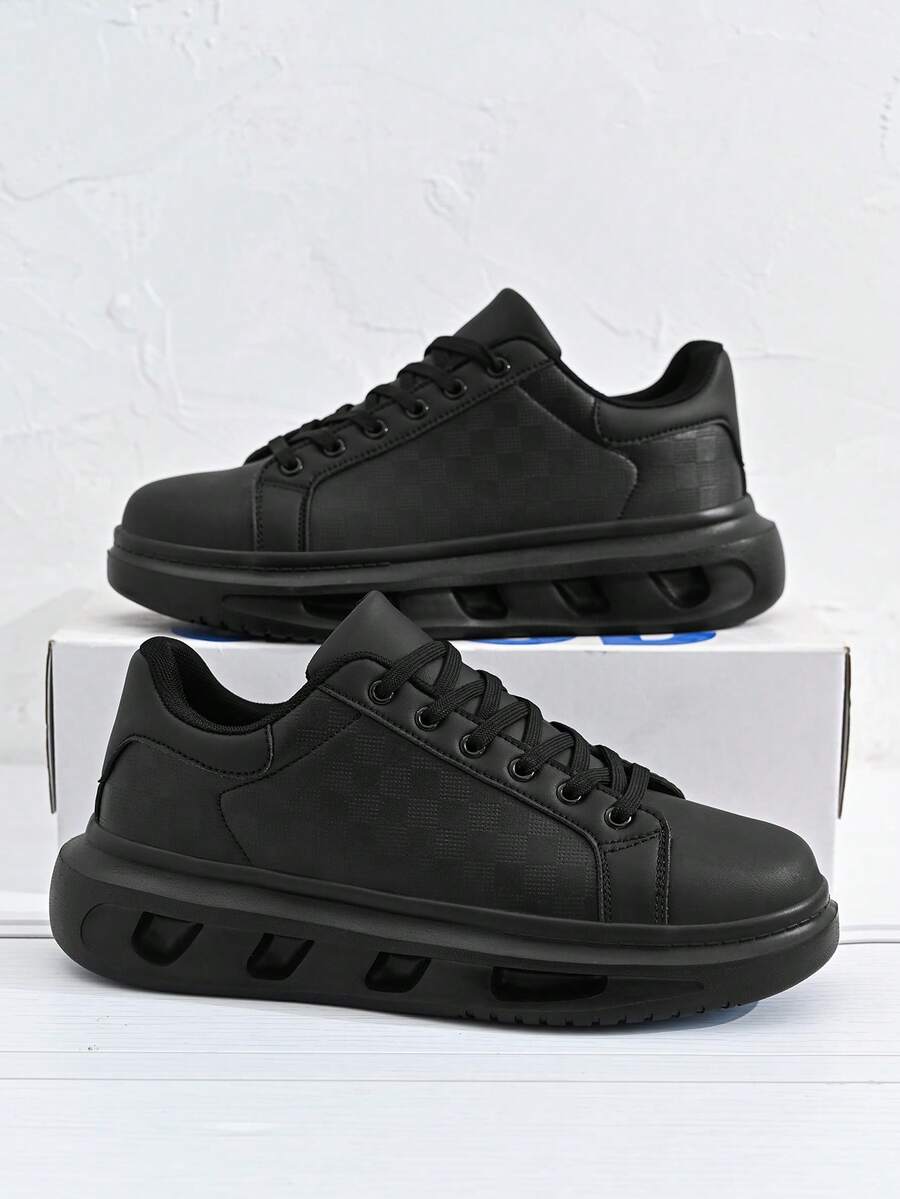 Men's Classic Solid Black Leather Patchwork Design Skateboard Shoes, Casual College Style Everyday Sneakers, Unisex Versatile Sports Shoes For All Seasons - màu đen - Xem 1
