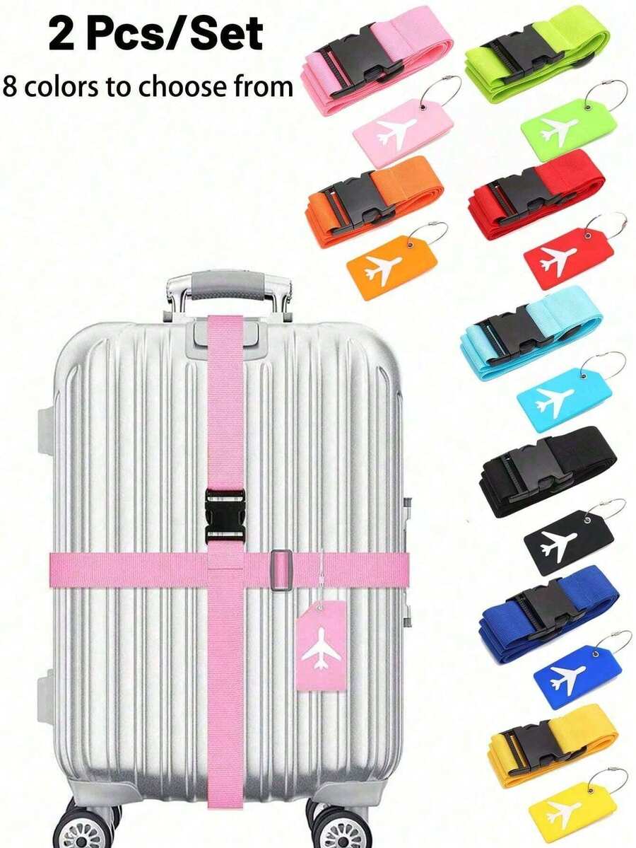 Luggage Strap/Tag Set, Luggage Strap/Tag Combination, Adjustable Shoulder Strap, Packing Strap, Luggage Tie, Luggage Rope, Fixing Strap And Luggage Tag, Luggage Handbag Travel Suitcase Tag With Name Id Card, Suitable For All Types Of Luggage, Travel Goods, Suitable For Home, Office And School, Travel, School Supplies - Multicolor - View 1