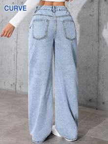 Halloween Plus Size Baby Blue Denim Pants, Autumn And Winter Women's Simple And Casual Loose Straight-Cut Washed Denim Pants