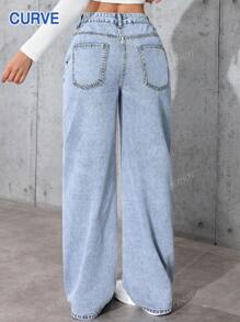 Jeans droits casual et lâches en denim lavé pour femmes grande taille