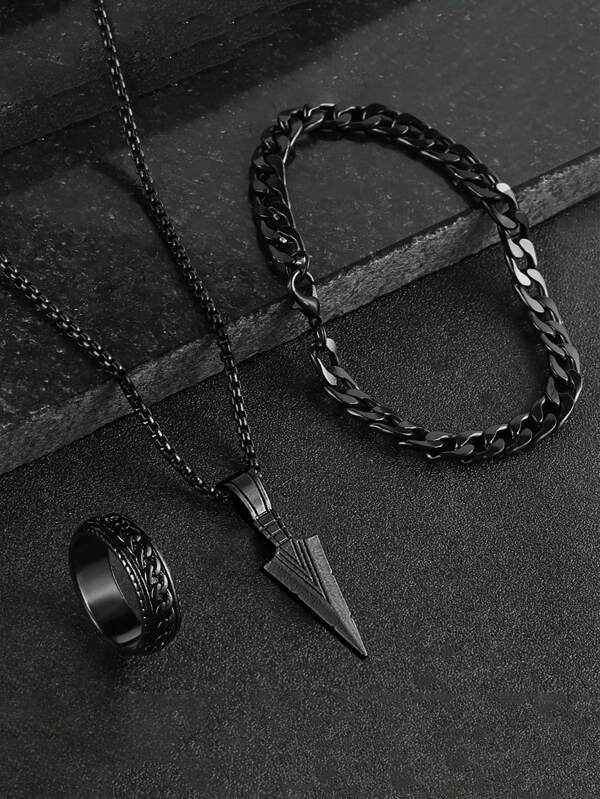 3pcs Arrow Decor Chain Necklace Bracelet Ring Jewelry Set, Versatile For Men Daily & Vacation Wearing