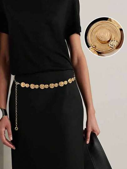 Sombrero grande y pequeño de estilo romántico con cadena de cintura metálica en oro rosa, decoración de cintura de lujo y de moda