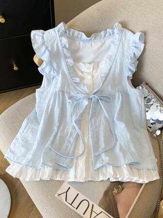 Cute Ruffle Trim Casual Women Top, Tie-Front 2 In 1 Korean Style Cap Sleeve T-Shirt, Back To School