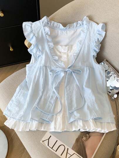 Cute Ruffle Trim Casual Women Top, Tie-Front 2 In 1 Korean Style Cap Sleeve T-Shirt, Back To School