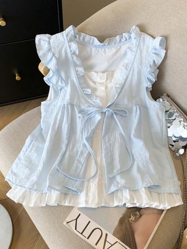 Cute Ruffle Trim Casual Women Top, Tie-Front 2 In 1 Korean Style Cap Sleeve T-Shirt, Back To School