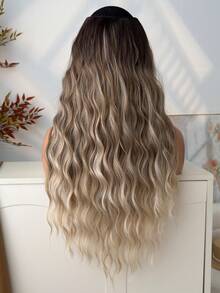 夹式接发 V 型渐变色 24 英寸长水波纹耐热纤维合成假发 适合女士女孩派对日常使用 - 漸變金色 - 查看 9