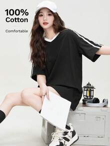 时尚女士插肩袖条纹宽松休闲T恤